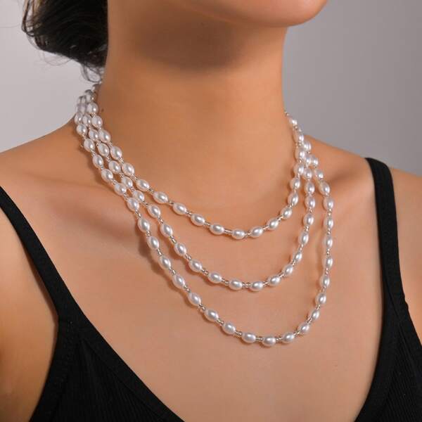 Faux Pearl Beaded Layered Necklace, White