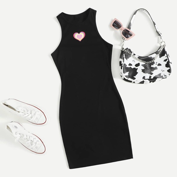Letter Print Bodycon Dress, Black