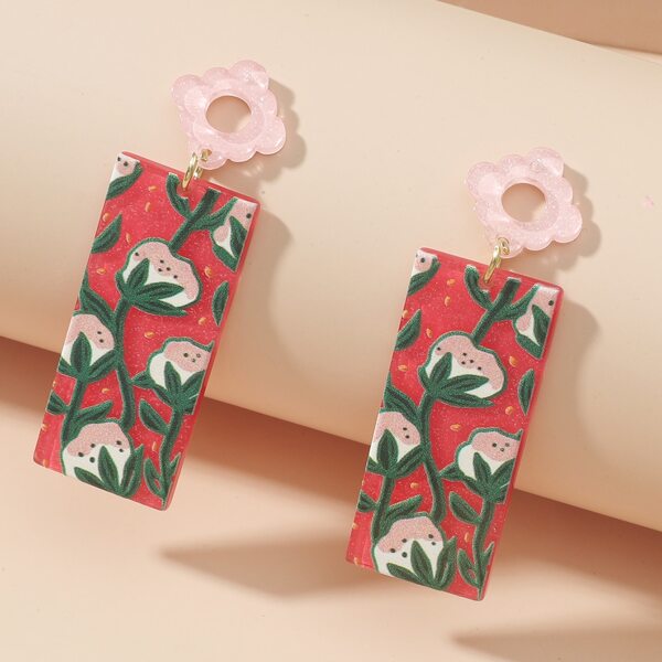 Floral Print Drop Earrings, Red