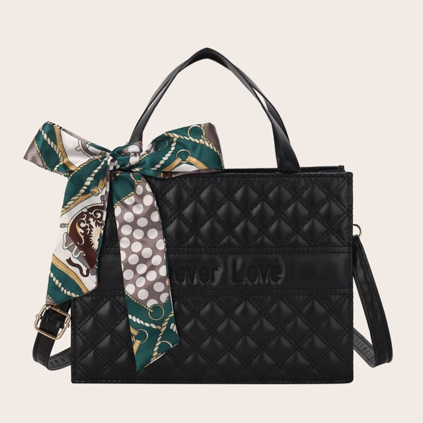 Scarf Decor Quilted Satchel Bag, Black