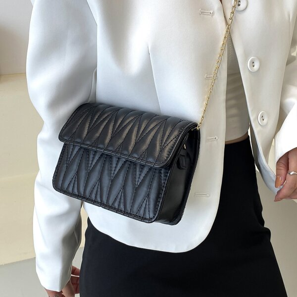 Quilted Chain Flap Bag, Black