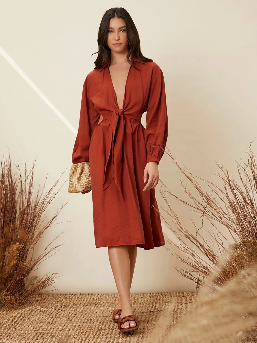 SHEIN Tie Front Cut-out Lantern Sleeve Dress