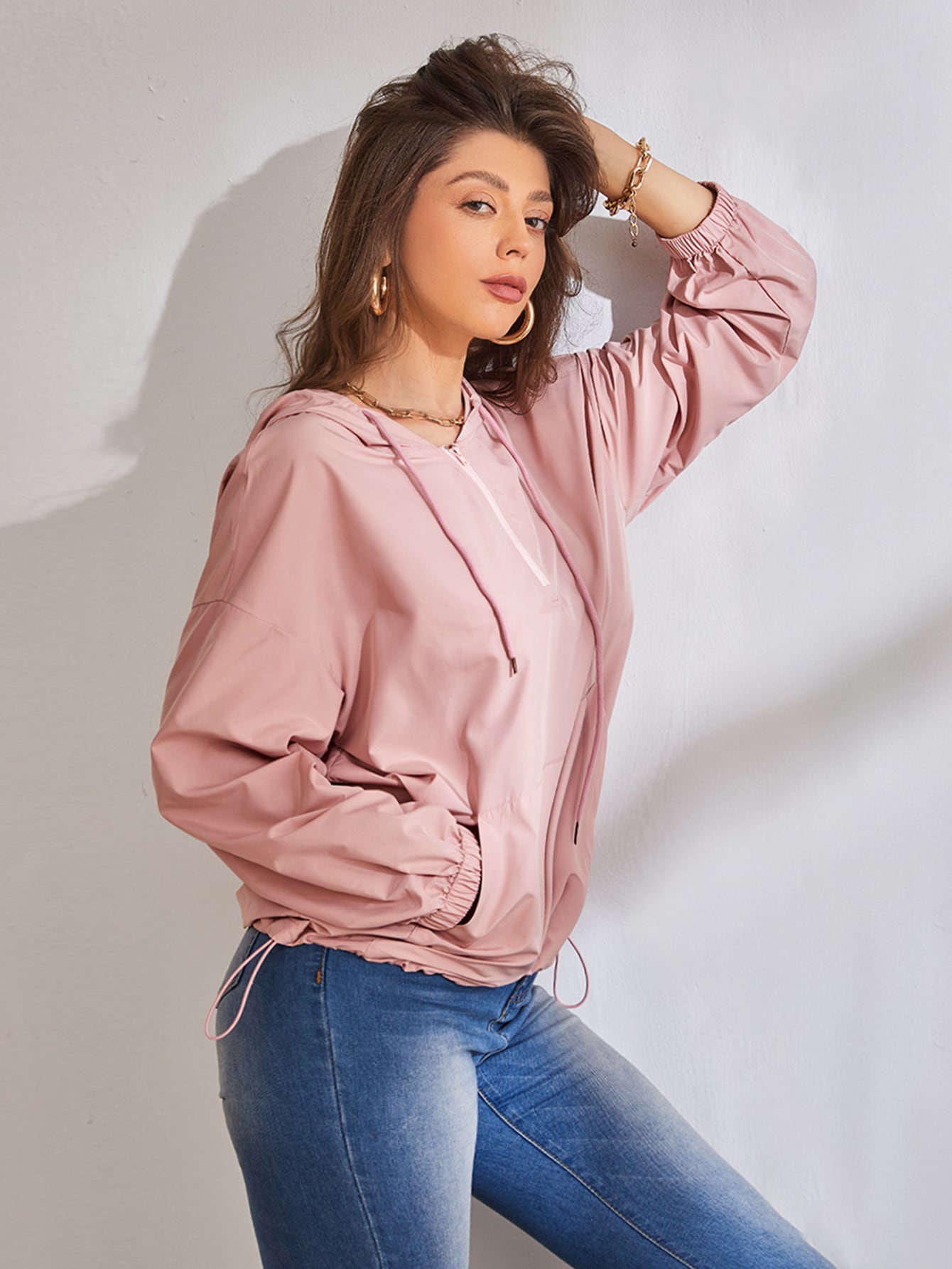 SHEIN Quarter Zip Drop Shoulder Hooded Jacket