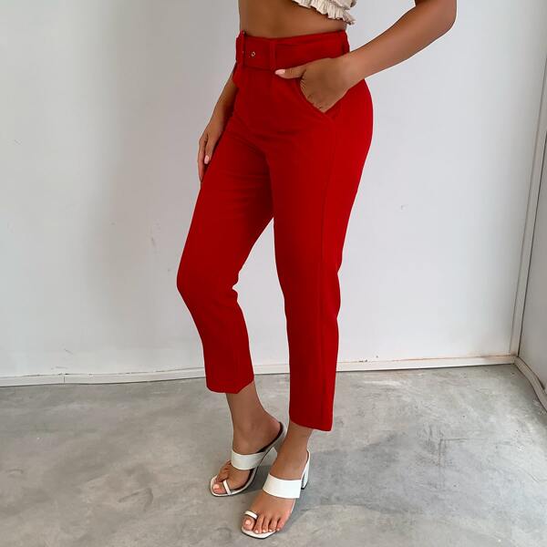 Solid Belted Pants, Red