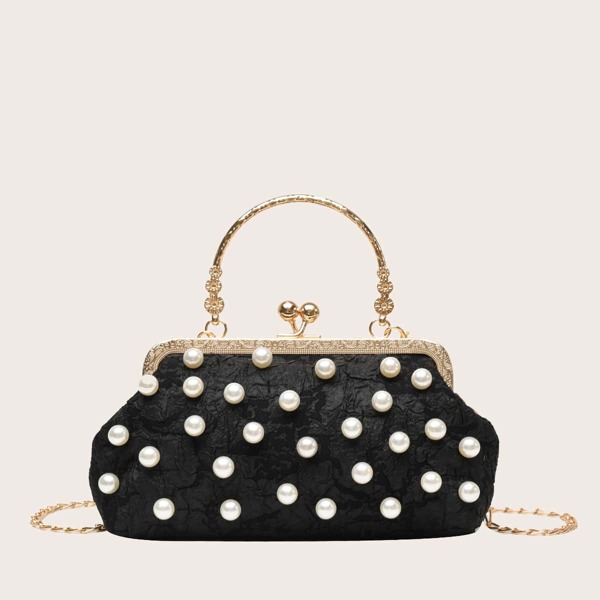 Faux Pearl Decor Kiss Lock Clutch Bag, Black