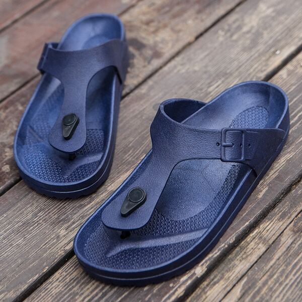 Men Buckle Detail Flip Flops, Blue