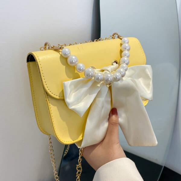 Bow & Pearls Decor Flap Square Bag, Yellow