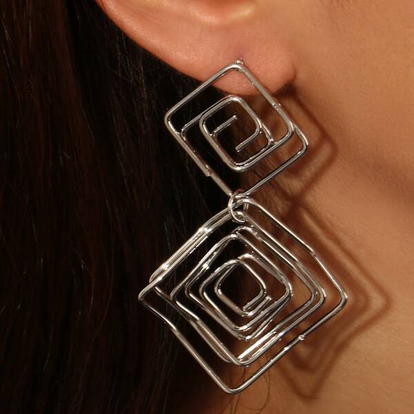 Geometric Drop Earrings, Silver