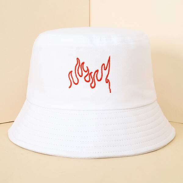 Men Flame Embroidered Bucket Hat, White