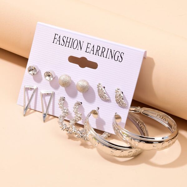 6pairs Geo Decor Earrings, Silver