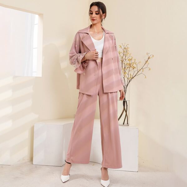 Contrast Floral Embroidered Mesh Flounce Sleeve Coat & Wide Leg Pants, Dusty pink
Contrast Floral Embroidered Mesh Flounce Sleeve Coat & Wide Leg Pants, Dusty pink