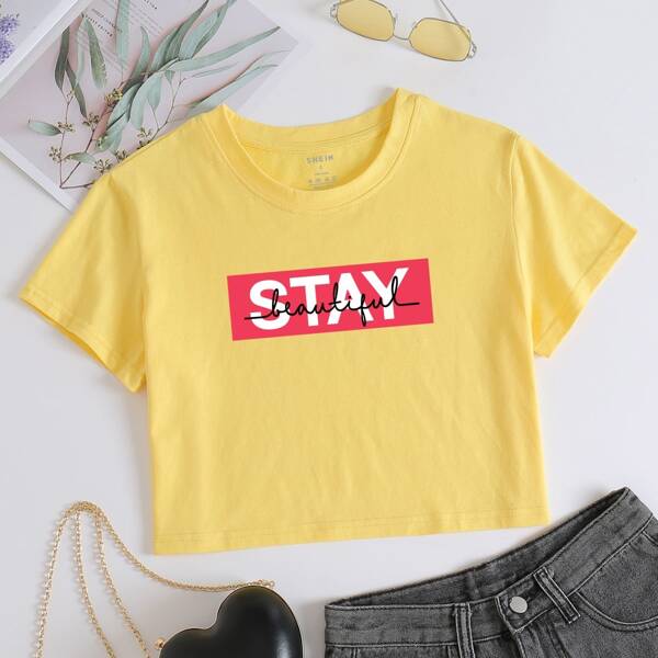 Slogan Graphic Crop Tee, Yellow