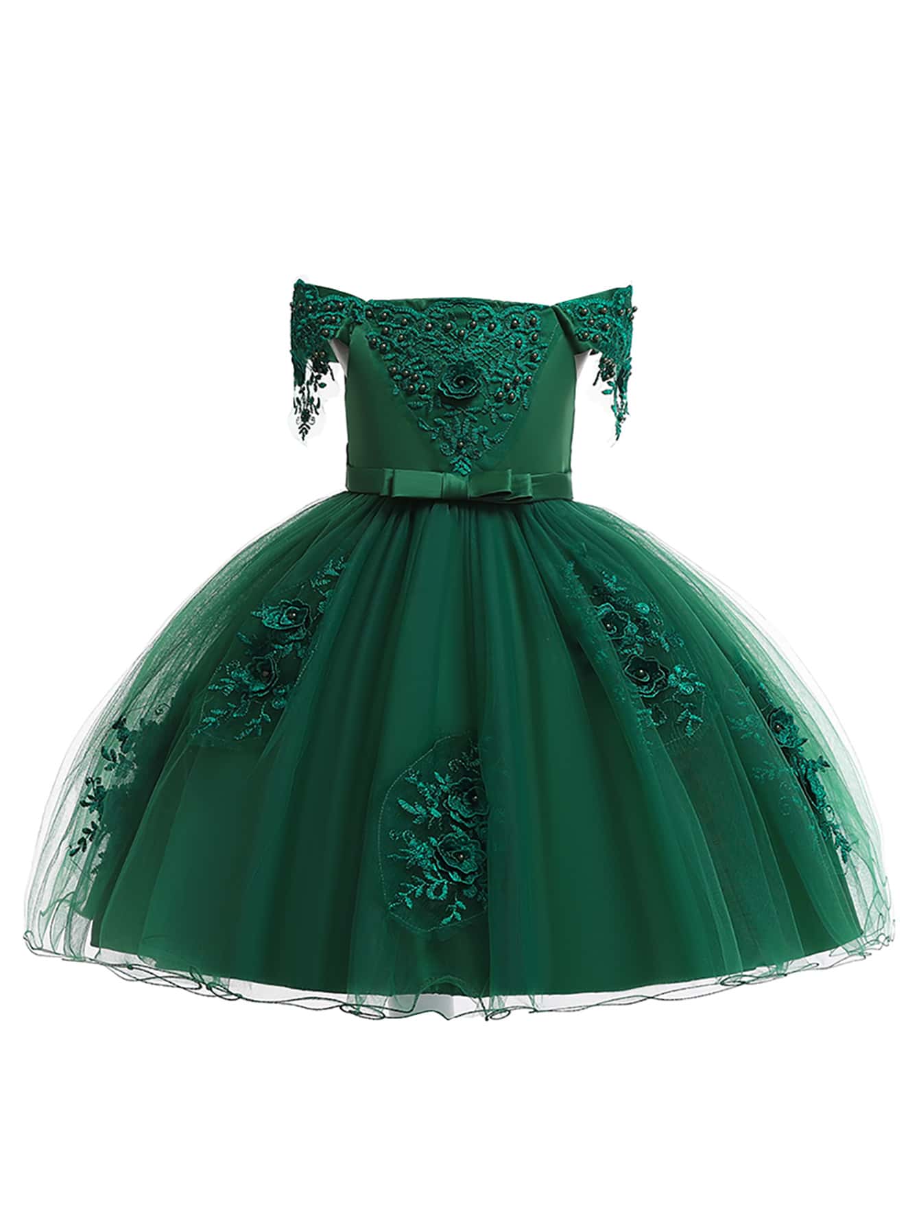 Girls Appliques Bow Front Mesh Gown Dress