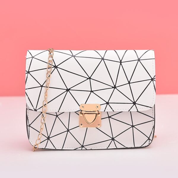 Geo Graphic Push Lock Chain Bag, White