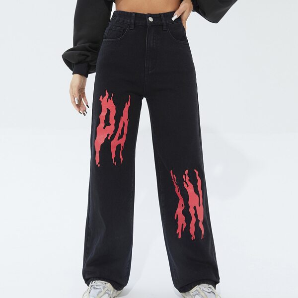 High Waisted Fire Print Straight Leg Jeans, Black