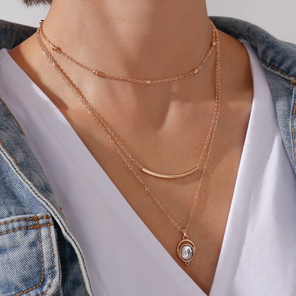 Oval Charm Layered Necklace, Gold