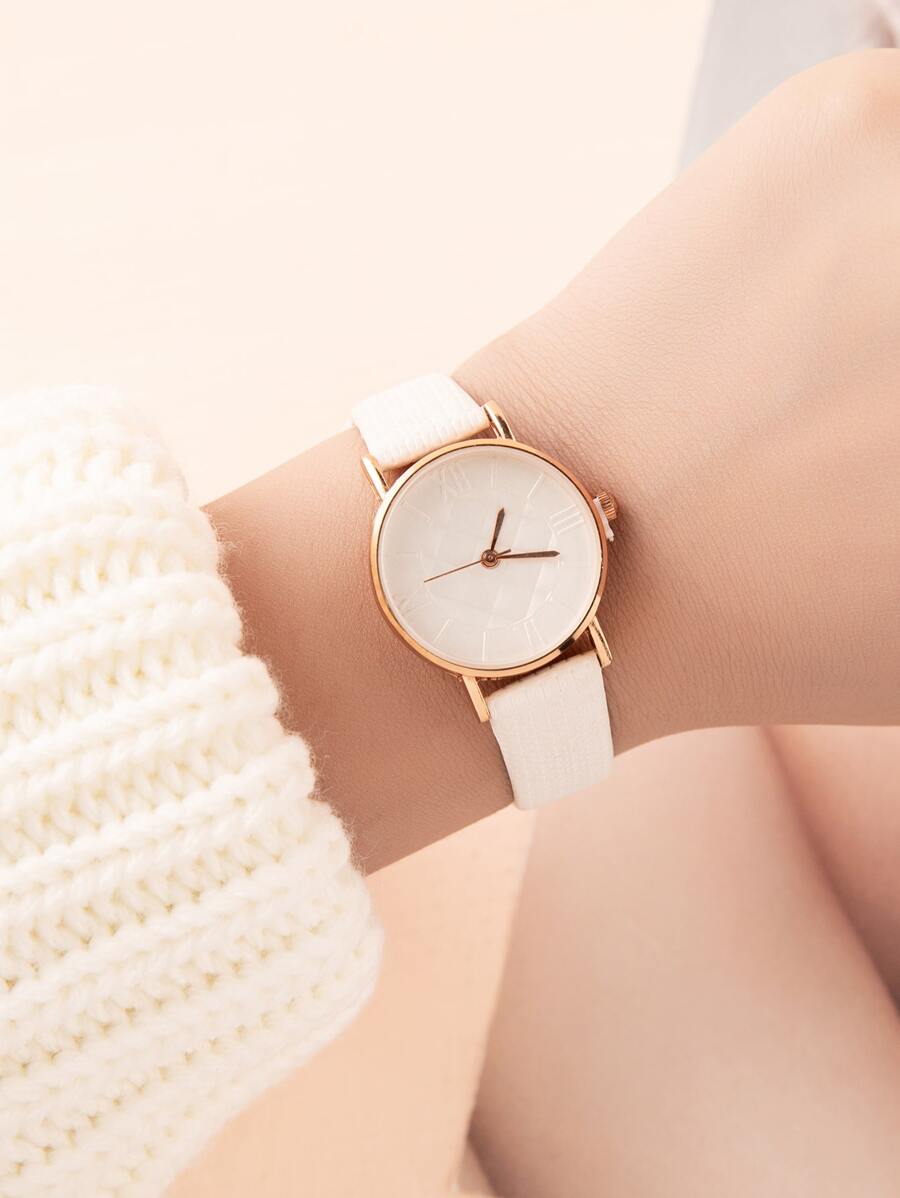 1pc Women's PU Leather Band, Round Alloy Case, Embossed Roman Numeral Dial, Fashionable Quartz Watch