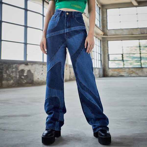 High Waist Colorblock Stacked Jeans, Dark wash