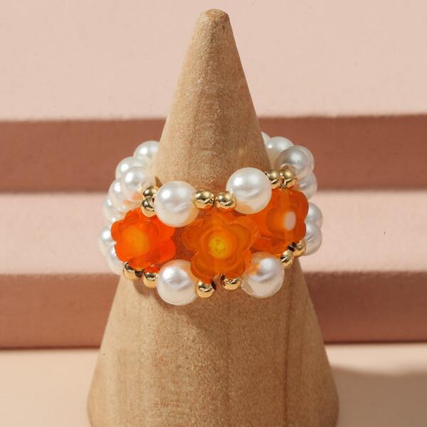 Flower Decor Faux Pearl Beaded Ring, Orange