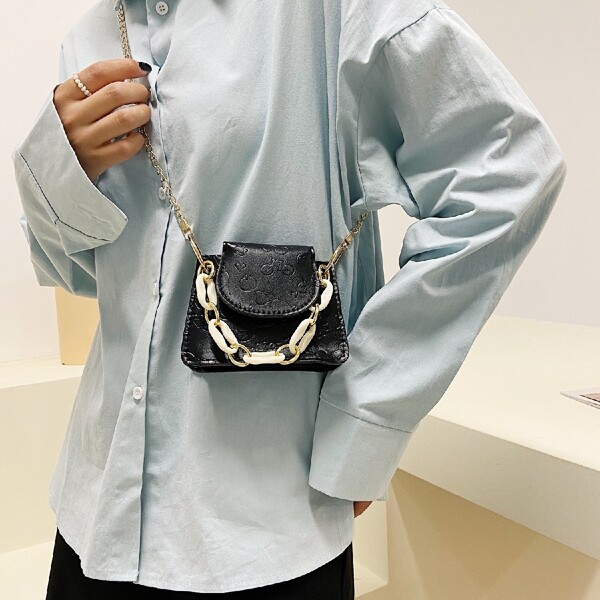 Chain Decor Textured Flap Square Bag, Black