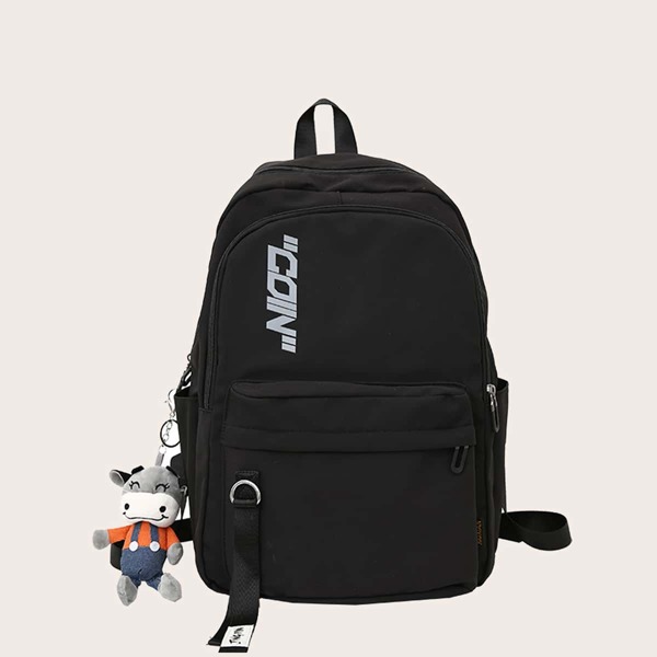 Men Letter Graphic Backpack With Bag Charm, Black