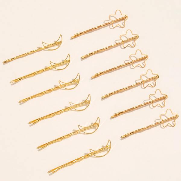 12pcs Moon Decor Hair Clip, Gold