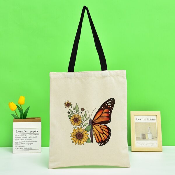 Butterfly Graphic Shopper Bag, Beige