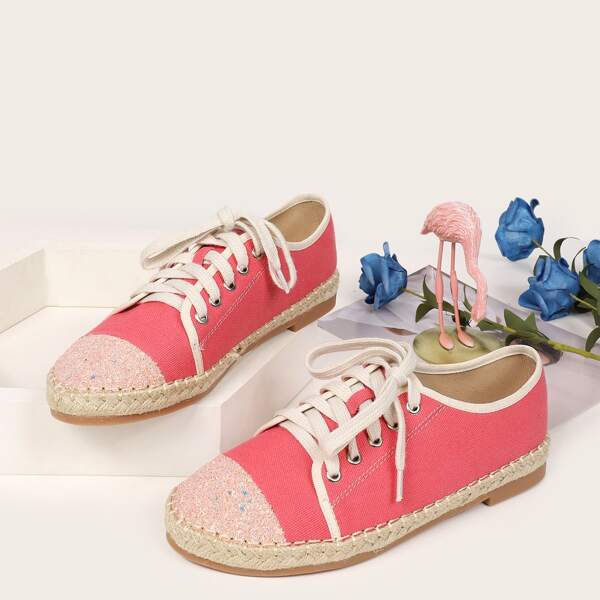 Panel Detail Lace-up Front Flats, Pink