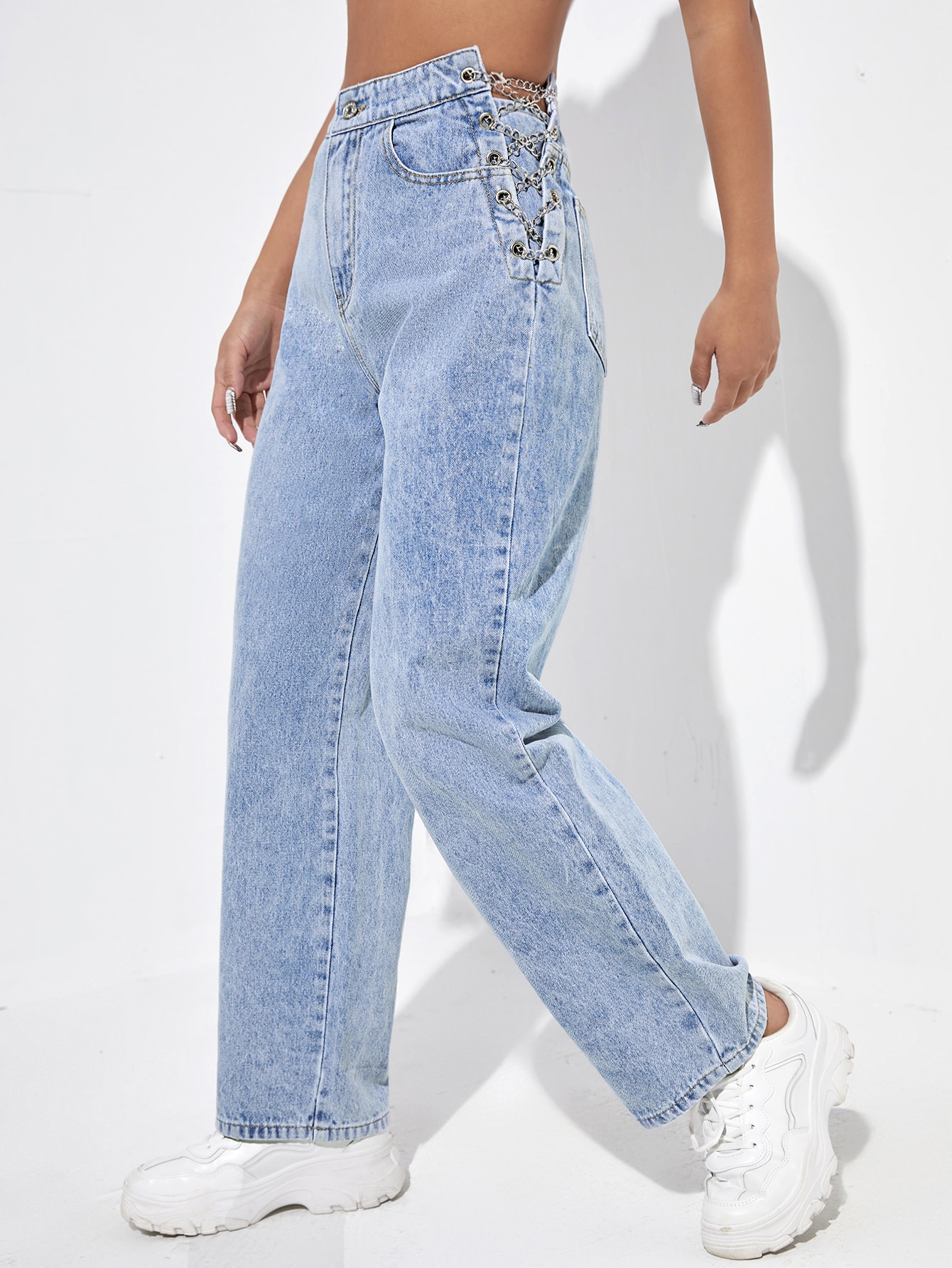 High Waisted Chain Lace Up Jeans
