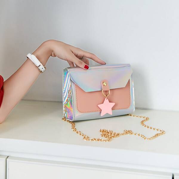 Star Decor Holographic Flap Crossbody Bag, Pink