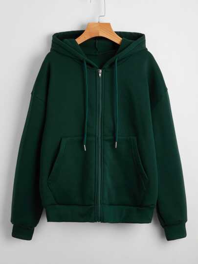 Solid Zip Up Drawstring Drop Shoulder Thermal Lined Hoodie