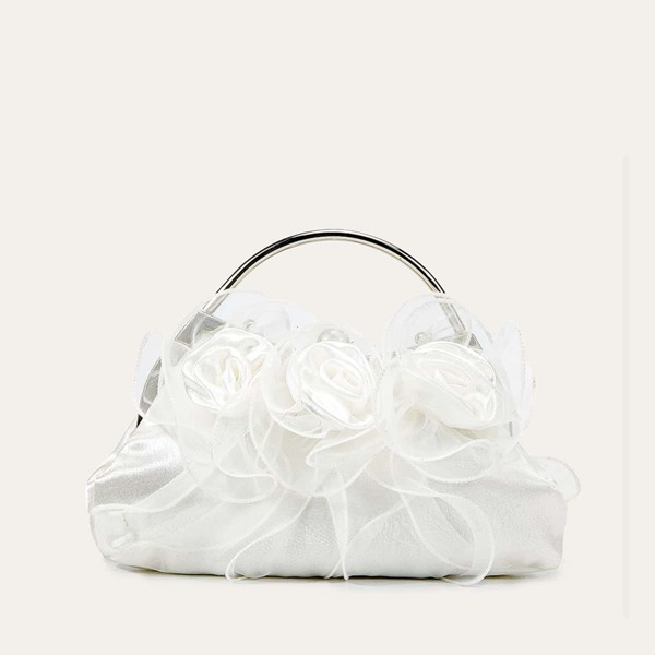 Mesh Floral Decor Kiss Lock Chain Bag, White