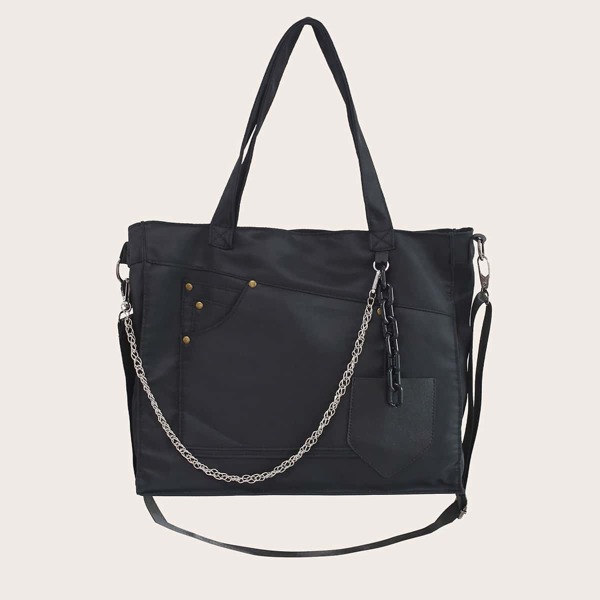 Chain & Studded Decor Shoulder Tote Bag, Black