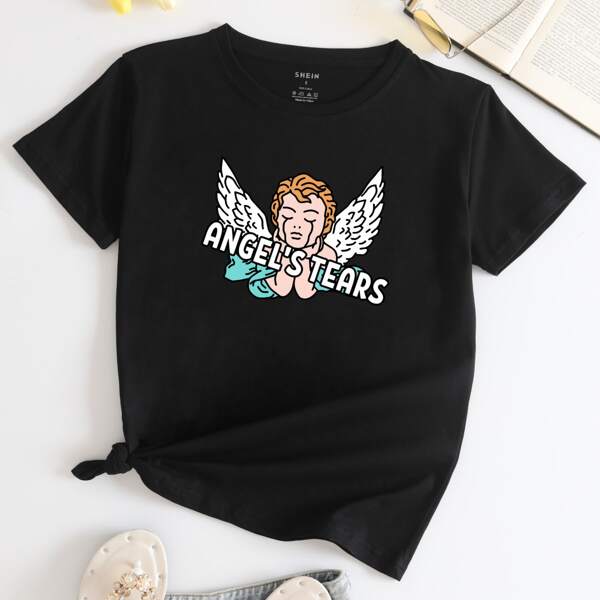 Angel And Letter Graphic Tee, Black
