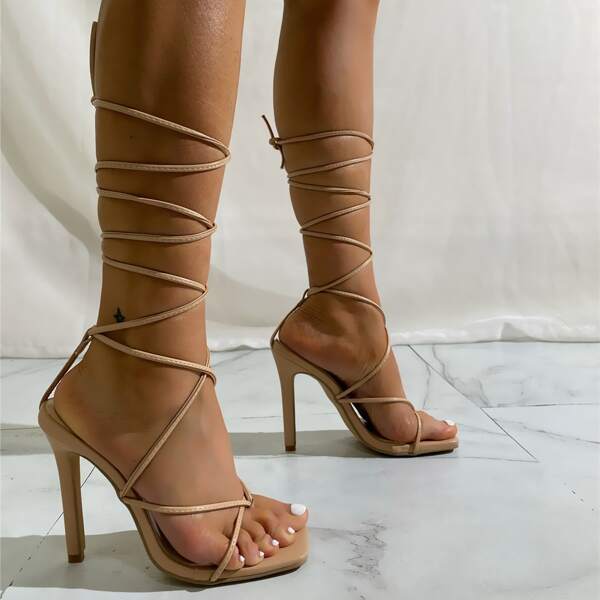 Lace-up Design Stiletto Heeled Thong Sandals, Apricot