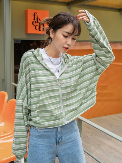 DAZY Striped Zip Up Hooded Sweatshirt
