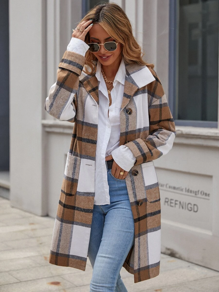 SHEIN LUNE Plaid Dual Pockets Single Breasted Overcoat