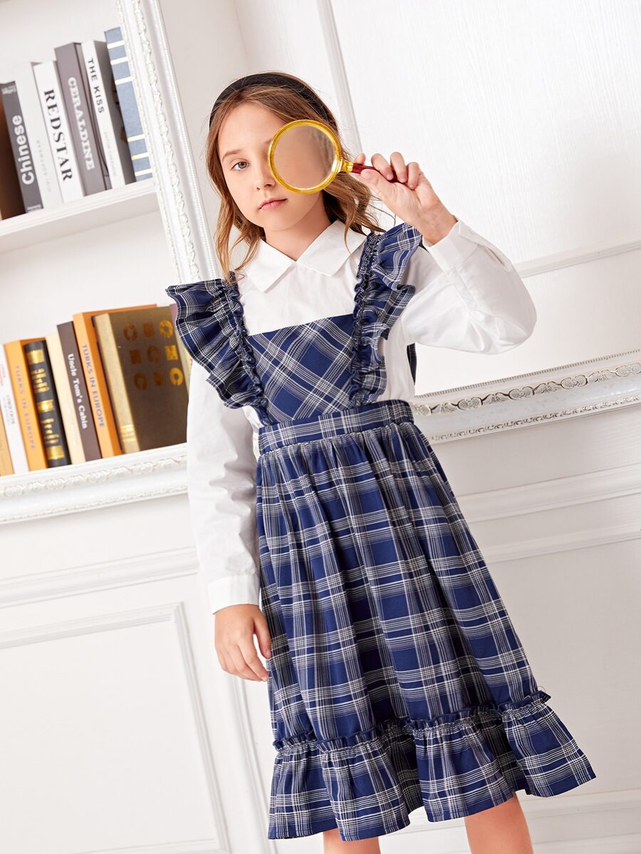 SHEIN Botão Corte Fora Babado Plissado Bainha de Ruffle Manta Formal Outfit de Duas Peças para Menina