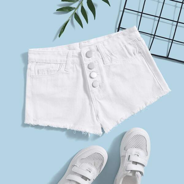 Girls Button Fly Raw Hem Denim Shorts, White