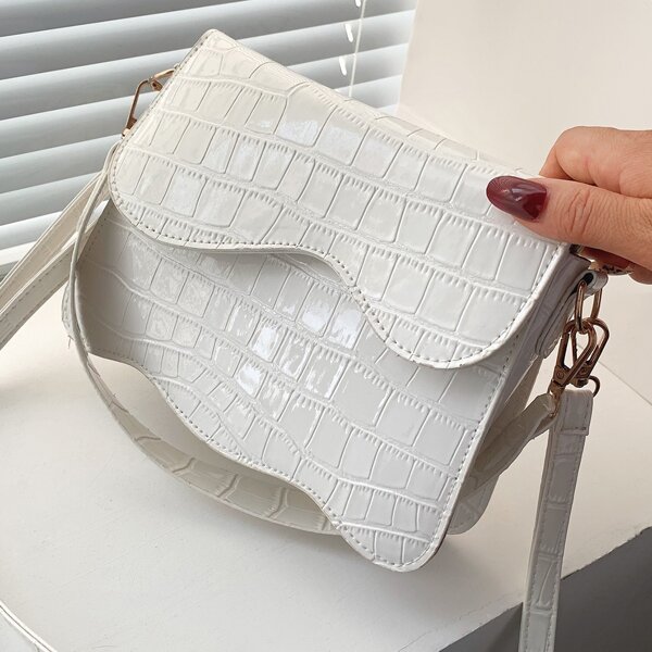 Croc Embossed Irregular Flap Shoulder Bag, White