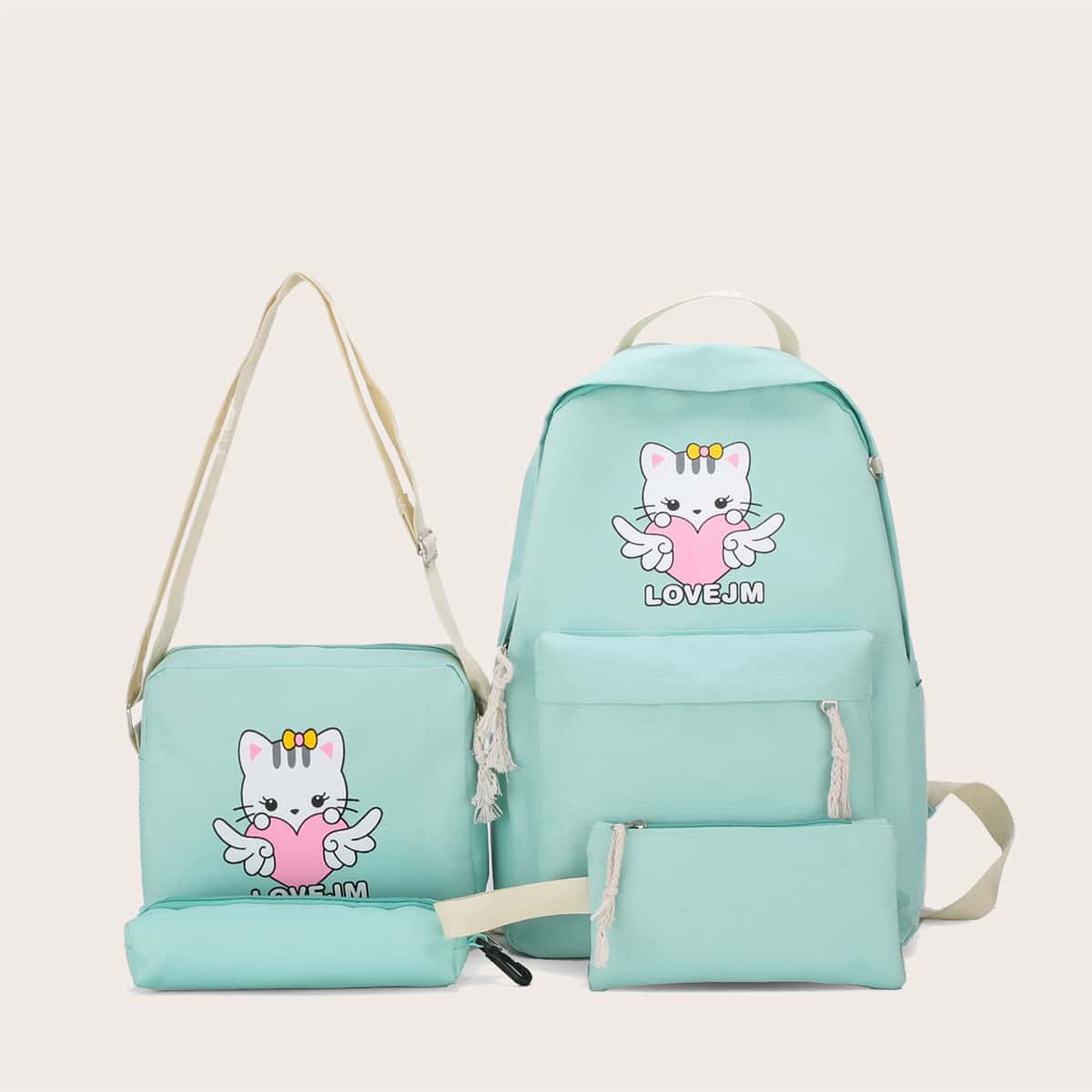 4pcs Cartoon Graphic Backpack Set, Blue