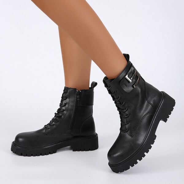 Buckle Decor Lace-up Combat Boots, Black