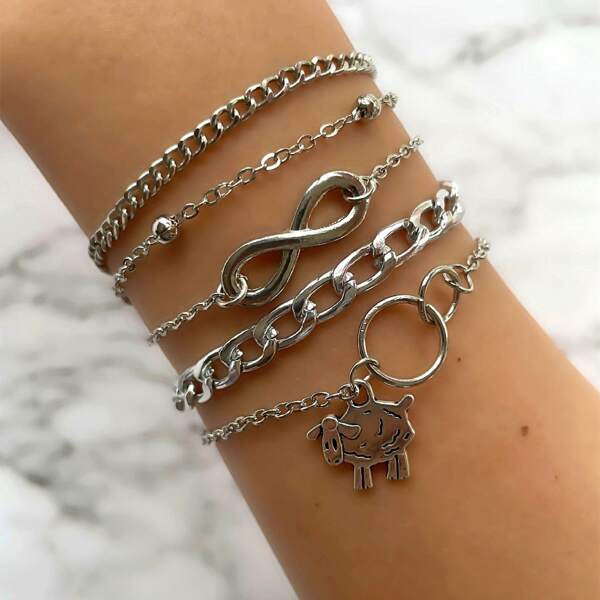 5pcs Animal Charm Bracelet, Silver
