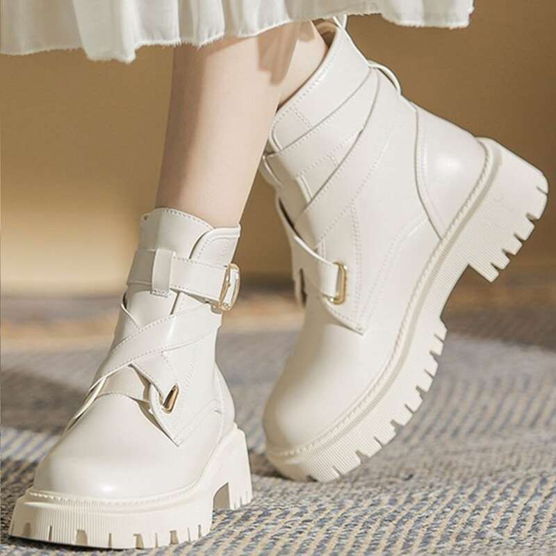 Buckle Design Lug Sole Combat Boots, Beige 
Buckle Design Lug Sole Combat Boots, Beige