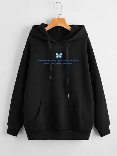 Butterfly & Slogan Graphic Thermal Lined Hoodie