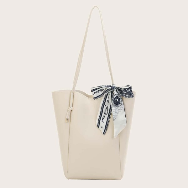 Solid Scarf Decor Shoulder Tote Bag, Beige