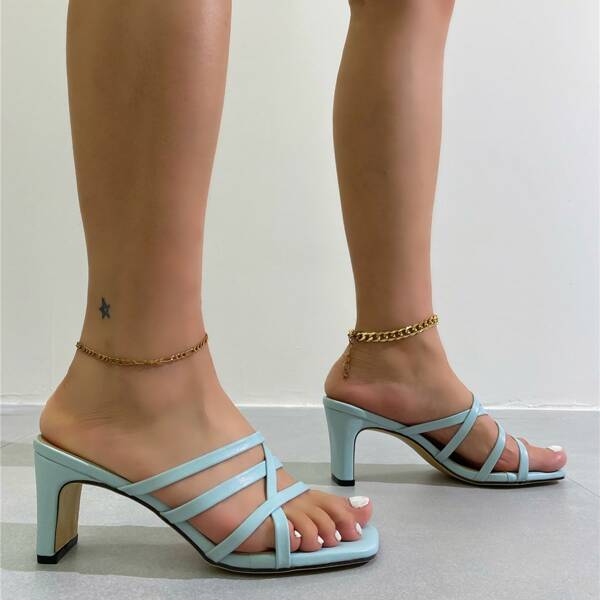 Criss Cross Chunky Mules, Baby blue