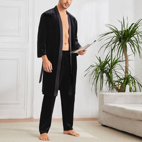 Men Belted Velvet Lounge Robe & Lounge Pants Set, Black
Men Belted Velvet Lounge Robe & Lounge Pants Set, Black