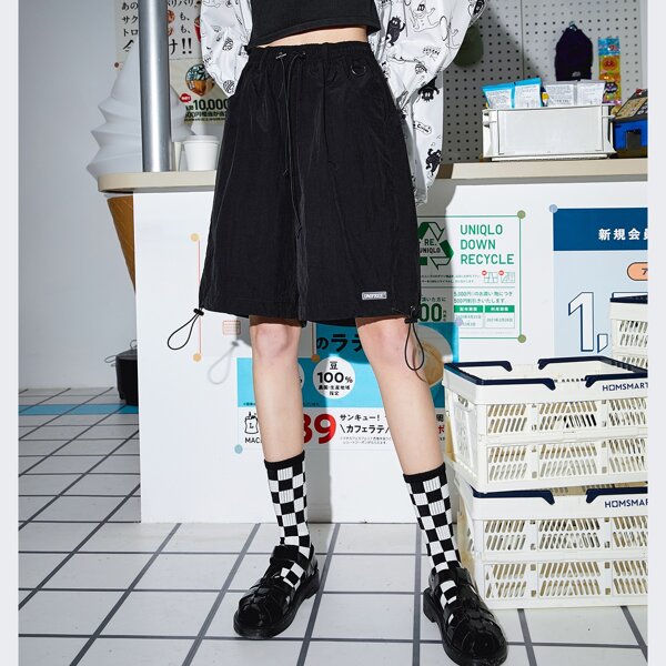 Patch Detail Drawstring Shorts, Black