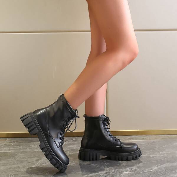 Lace Up Front Platform Combat Boots, Black